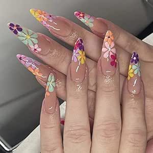 MISUD Long Stiletto Press on Nails Almond Fake Nails Glossy Glue on Nails Colorful Flower Acrylic Nails Summer Floral Arificial Nails Bling Glitter Stick on False Nails with Design 24 pcs