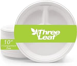 Three Leaf 10" 3 COMPARTMENT BAGASSE ROUND PLATE, 25 Ct. Heavy-Duty- Super Strong- Natural- Eco-Friendly Disposable Bagasse Plates, 100% Biodegradable 10 inch 3 compartment plates