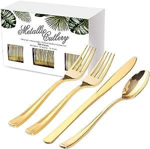 Nervure 300 Piece Gold Plastic Silverware Set - Heavyweight Gold Plastic Cutlery - Disposable Gold Plastic Utensil Include 150 Forks, 75 Knives, 75 Spoons Perfect for Parties & Wedding & Party