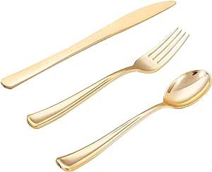 WDF 500PCS Gold Plastic Silverware Set Disposable - Gold Cutlery Set Plastic Gold Utensils Set - 250 Gold Forks, 125 Gold Spoons, 125 Gold Knives for Party, Birthday, Wedding