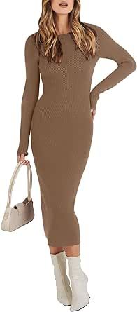 ANRABESS Women's 2023 Trendy Long Sleeve Sweater Dress Crewneck Slim Fit Ribbed Knit Bodycon Midi Dress