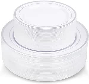 ricpok 100 Piece Plastic Party Plates White Silver Rim, 50 Premium Heavy Duty 10.25 Inch Dinner Plates and 50 Disposable 7.5 Inch Dessert Appetizer Elegant Fancy Heavy Duty Wedding Plates