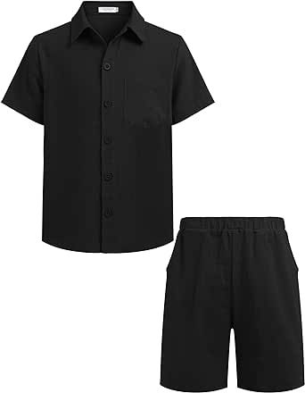 COOFANDY Men 2 Piece Linen Set Casual Short Sleeve Shirt and Short Beach Set