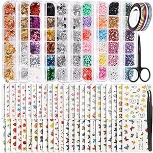 Teenitor 50 Sheets Nail Art Stickers, Nail Art Decoration Kit with Nail Water Stickers Decals Crystal Rhinestones Holographic Glitter Sequins Nail Art Foils Nail Striping Tape Nail Flowers Slices