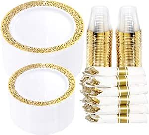 WELLIFE 350 Pieces Gold Plastic Dinnerware,Disposable Gold Lace Plates, Include:50 Dinner Plates,50 Dessert Plates, 50 Pre Rolled Napkins with Gold Silverware and 50 Cups