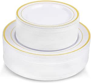 ricpok 100 Piece Plastic Party Plates White Gold Rim, 50 Premium Heavy Duty 10.25 Inch Dinner Plates and 50 Disposable 7.5 Inch Dessert Appetizer Elegant Fancy Wedding Plates