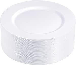 N9R 100PCS White Plastic Plates, Plastic Disposable Plates 10.25inch, Premium Heavy Duty Dinner Plates, Elegant and Fancy Party Plates