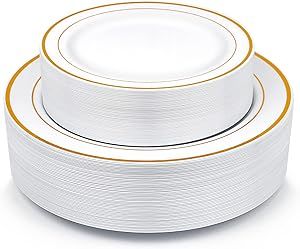 Gold Plastic Plates, MCIRCO 100 Pieces Disposable Party Plates for Weddings, Premium Gold Rim Plates, Include 50 10.25 Inch Dinner Plates and 50 7.5 Inch Dessert Appetizer Plates