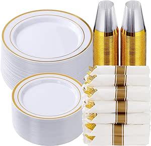 Goodluck 350 Piece Gold Plastic Dinnerware Set for 50 Guests, Fancy Disposable Plates for Party, Include: 50 Dinner Plates, 50 Dessert Plates, 50 Pre Rolled Napkins with Silverware, 50 Cups