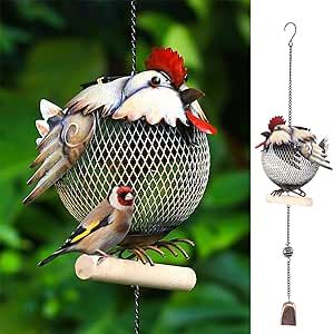 wtreew Solar Rooster Bird Feeder Squirrel Proof for Outside - Unique Cute Metal Animal Shaped Wild Bird Feeder with Solar Light, Wind Chime, Gift for Bird Lovers(Rooster)