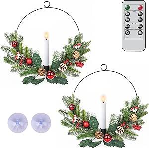 DRomance Christmas Wreaths Flameless Flickering Candle with Remote and Timer, 2 Pack Battery Operated LED Candle Christmas Wreaths Front Door Window Holiday Decor(17" x 15")