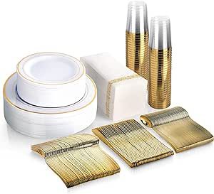 350 Piece MCIRCO Gold Dinnerware Set - 100 Gold Rim Plastic Plates - 50 Gold Plastic Silverware - 50 Gold Plastic Cups - 50 Gold Paper Napkins, 50 Guest Disposable Gold Dinnerware Set