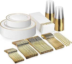 Neatiffy 225 Pcs Gold Rim Disposable Plastic Dinnerware Set (25 Guest) | 25 x (Dinner Plate, Dessert Plate, Gold Plastic Silverware, Cup, Napkin, Straw) | For Wedding, Luxurious Party, Special Event
