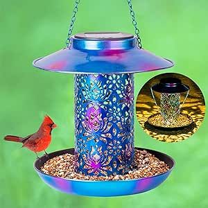 Ottsuls Solar Bird Feeder for Outdoors Hanging, Metal Wild Cardinals Garden Lantern with S Hook, Weatherproof and Water Resistant Birdfeeders as Gift Idea for Bird Lovers (Blue)