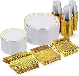Goodluck 300 Pieces Gold Disposable Plates for 50 Guests, Plastic Plates for Party, Wedding, Dinnerware Set of 50 Dinner Plates, 50 Salad Plates, 50 Spoons, 50 Forks, 50 Knives, 50 Cups