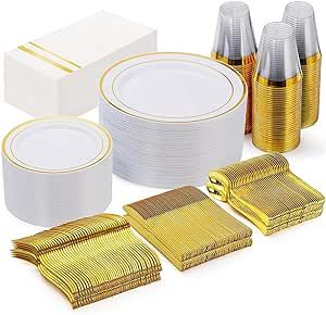 GATHER 350pcs Gold Plastic Plates - Disposable Plastic Dinnerware Set Include: 50 9inch Dinner Plates, 50 6.3inch Salad Plates ,150 Silverware, 50 Napkins, 50  Cups Perfect for Party & Weeding