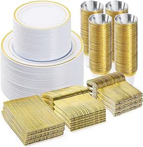 BESTVIP 600PCS Plastic Dinnerware Set (100 Guests), Gold Disposable Plates for Party, Wedding, Anniversary, Includes: Dinner Plates, Dessert Plates, Cups, Spoons, Forks and Knives