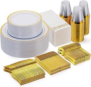 Goodluck 350 Piece Gold Dinnerware Set for 50 Guests, Plastic Plates Disposable for Party, Include: 50 Gold Rim Dinner Plates, 50 Dessert Plates, 50 Paper Napkins, 50 Cups, 50 Gold Silverware Set