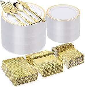 BESTVIP 600PCS Gold Plastic Plate Set (100 Guests), Plastic Plates for Party Wedding Birthday, Disposable Dinnerware Set of 200 Plastic Plates, 200 Forks, 100 Spoons, 100 Knives