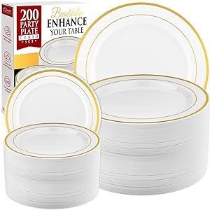 Prestee 200pc Gold Plastic Plates - 100 Dinner Plates & 100 Salad Plates, White + Gold-Rimmed Party Plates Disposable Heavy Duty - Dessert, Appetizer, Holiday, Wedding Plates